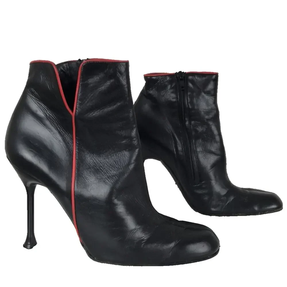 VINTAGE Karl Lagerfeld Paris ZILON Black Red Stiletto Heel Boots 7 FRANCE Y2K